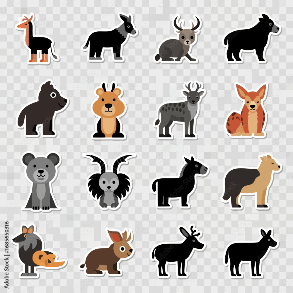 Fototapeta premium A delightful and diverse collection of vibrant cartoon animal stickers, featuring an array of illustrated wildlife creatures perfect for playful graphic designs and digital projects