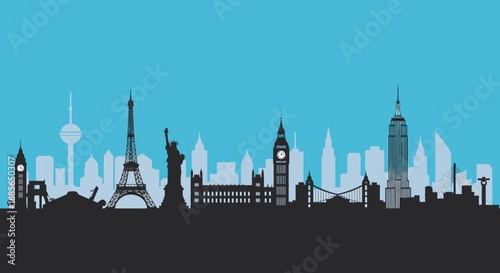 Silhouette of famous world landmarks and global cityscapes for travel and tourism concepts