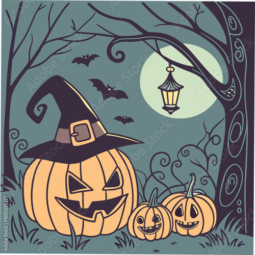 Halloween pumpkins and lantern under the moon jackolantern