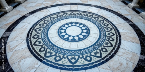 Intricate circular marble mosaic floor pattern with geometric and floral motifs in a building