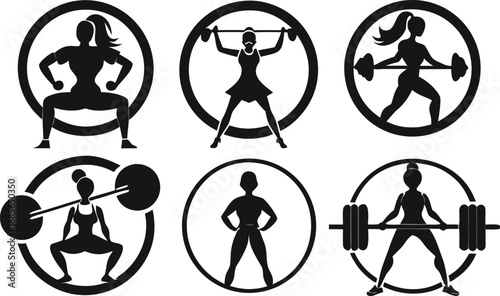 Silhouette Power Women Lifting Weights Icons for Gym or Fitness, Squats and Deadlifts, Vector Art