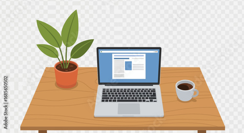 Desk with a laptop, coffee cup, and a potted plant on a wooden surface, perfect for remote work or study illustrations