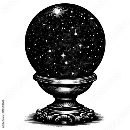 Crystal ball showing a night sky in an engraved style, black and white, for astrology or magic themes.