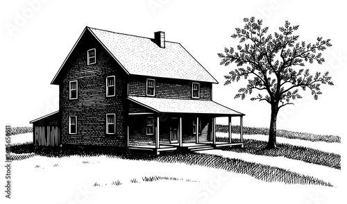 Farmhouse with a tree in a vintage woodcut style