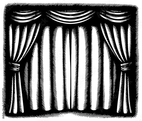 Striped stage curtain in black and white woodblock style