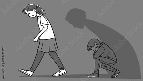 Girl with Broken Shadow – Vector Illustration of Hidden Emotional Struggles, personal issues  and Mental Health Awareness