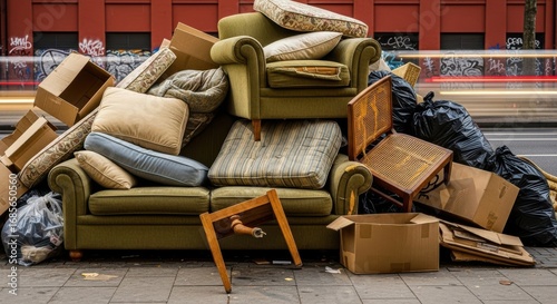 Discarded furniture on sidewalk creating urban waste, unwanted items piled