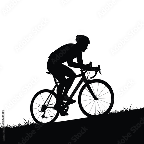 Cyclist riding uphill on road bike silhouette on a white background. EPS 10.