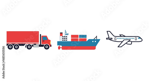 Cargo Transportation Vector Illustration Truck, Ship, and Airplane Delivering Goods