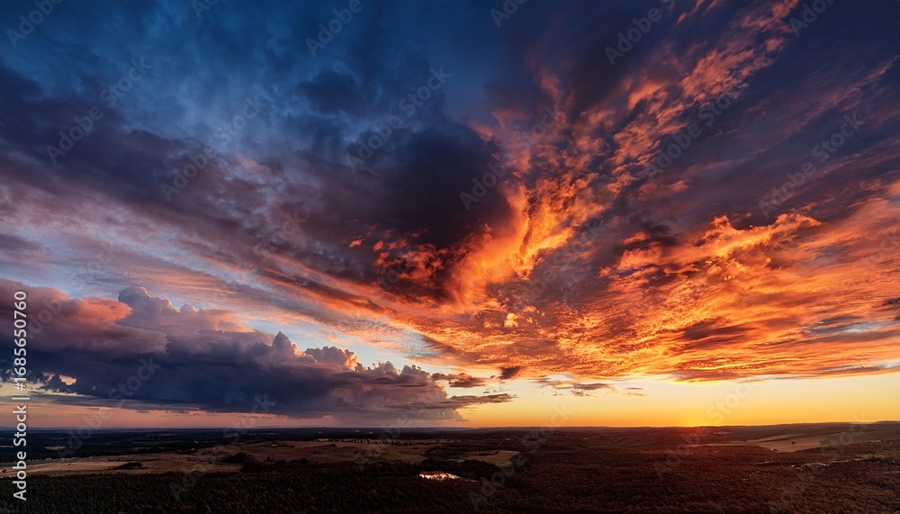 Obraz premium dramatic cloudscape at sunset where the sky ignites with orange and red hues as the sun dips below the horizon