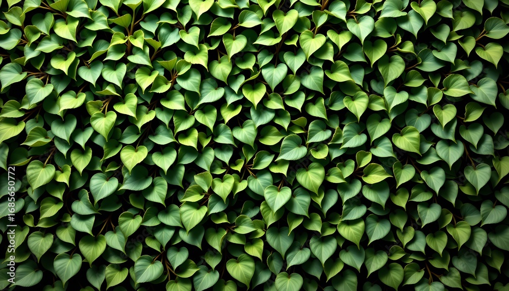 Fototapeta premium A close up of lush green ivy leaves that form an undulating pattern across a wall.