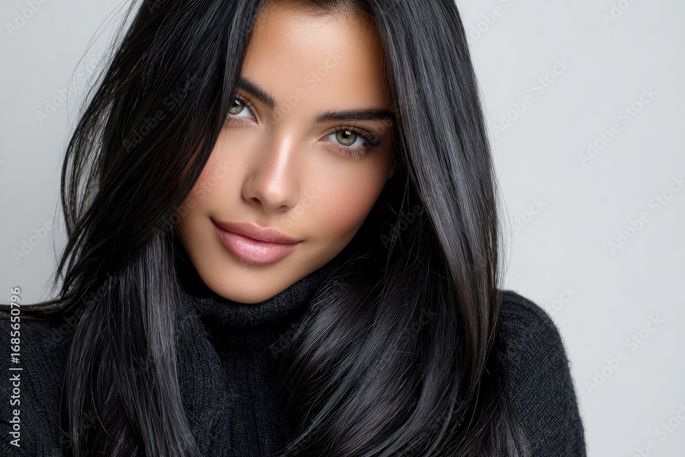 beautiful woman with long, straight hair, showcasing her shiny and smooth hairstyle against a white background beautiful woman with long, straight hair, showcasing her shiny and smooth hairstyle against a white background