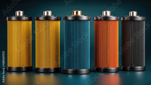 Five colored oil filters in a row