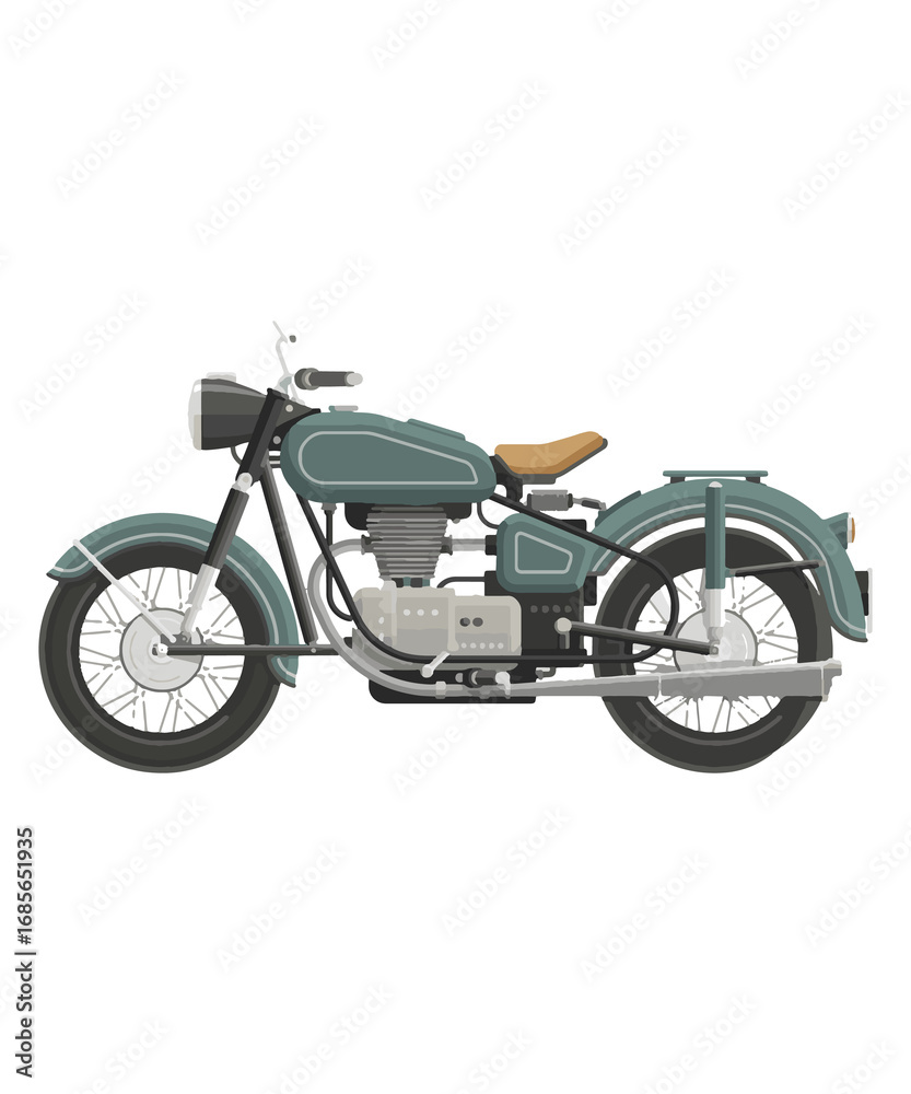 Obraz premium Vintage Motorcycle Illustration of Classic Two Wheeled Vehicle, An Artistic Depiction of a Teal Antique Motorbike with Brown Seat