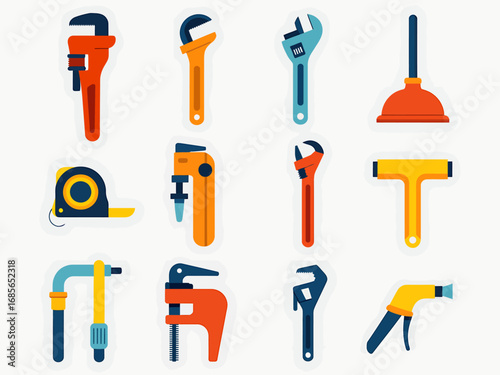 Flat design illustration of plumbing fixtures and tools