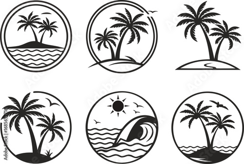 Tropical Paradise Vector Collection A Set of Six Unique Designs Featuring Palm Trees Islands and Ocean Waves
