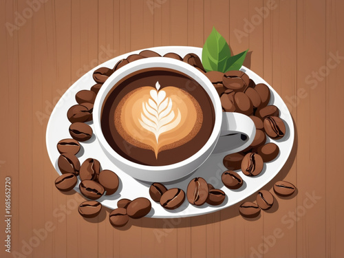 Cup coffee beans wooden Coffee cup with spoon and scattered coffee beans on round table vector illustration brown tones.

