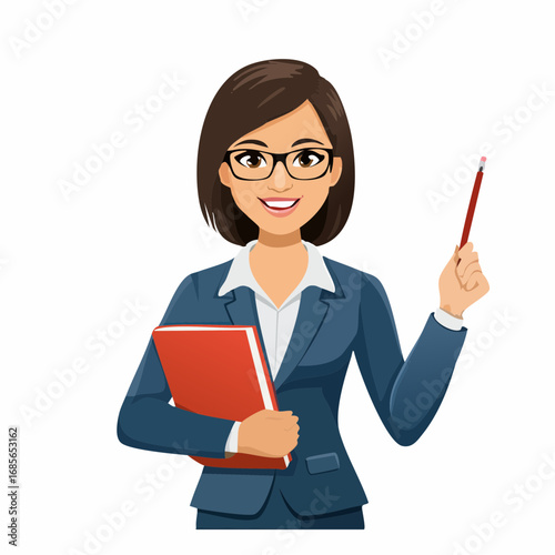 Businesswoman with glasses holding a folder and pen pointing up as a mentor or teacher