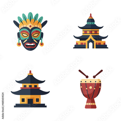 Vibrant flat design illustrations showcasing diverse cultural elements like tribal masks, traditional Asian architecture, and musical instruments, perfect for travel and heritage themes