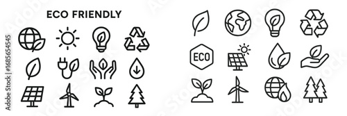 Collection of eco friendly icons representing sustainability, renewable energy, and environmental conservation themes
