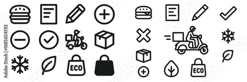 Delivering eco-friendly meals in a bustling city during lunchtime with various symbols indicating food delivery services