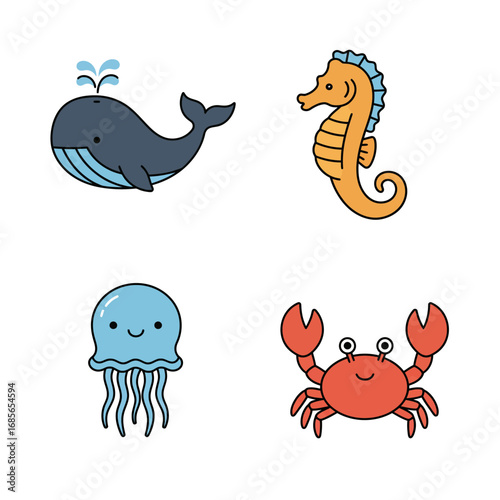 Cute ocean animals including a whale, seahorse, jellyfish, and crab, presented in a simple, playful cartoon style
