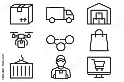 Delivery and logistics icons representing various aspects of shipping, storage, and transport activities