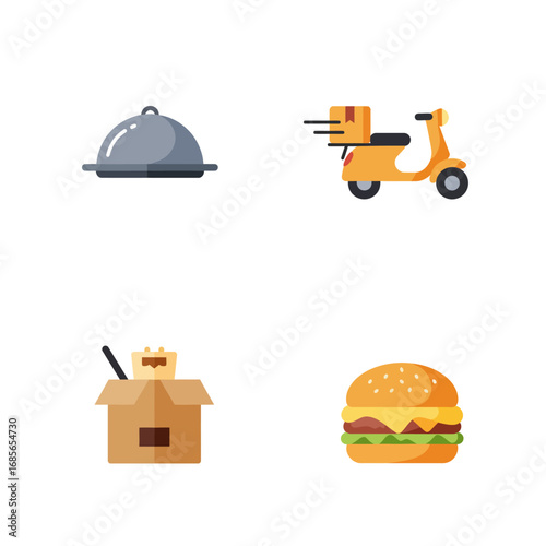 Food Delivery Icons Tray, Scooter, Noodles, and Burger