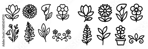Illustrative designs of various flowers and plants in a minimalistic style suitable for artistic projects or decorations