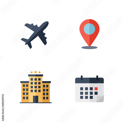 Flat design icon collection for travel agency services, flight booking, hotel reservation, and trip schedule planning