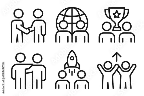 Diverse icons representing teamwork, global collaboration, and achievement in a modern workplace setting