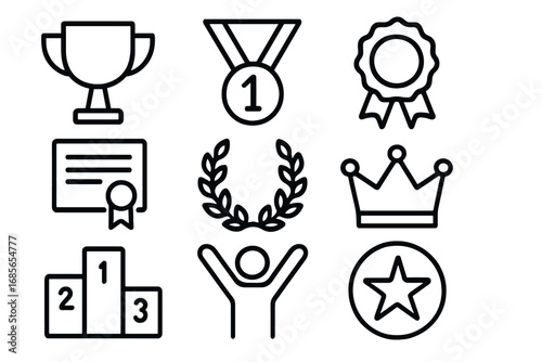 Symbols of achievement and recognition in a simple black and white design showcasing awards and honors for various accomplishments