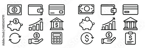 Symbols of finance and budgeting show currency, savings, and investment trends in a minimalist style