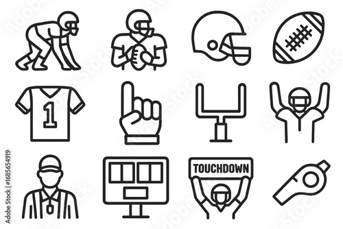 Football symbols including players, equipment, and scoring actions depicted in a minimalistic style