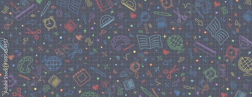 Colored hand drawn school stationery icons on a gray graph background. Back to school concept. Vector illustration
