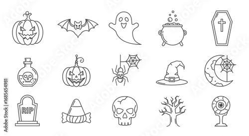 Halloween Icon Vector Set – Pumpkin, Ghost, Bat, Skull, Witch Hat, and Spooky Elements