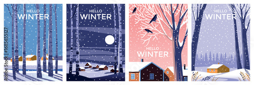 Vector Set of 4 winter season landscapes. Snow covered trees in the first plan and houses on the edge of the forest under the snow in the background. Trendy handmade drawing vector illustration.