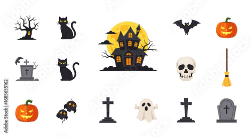 Halloween Icon Vector Set – Pumpkin, Ghost, Bat, Skull, Witch Hat, and Spooky Elements