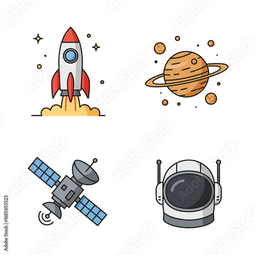 A vibrant collection of cartoon line art icons representing space exploration, astronomy, and cosmic adventure on a clean white background