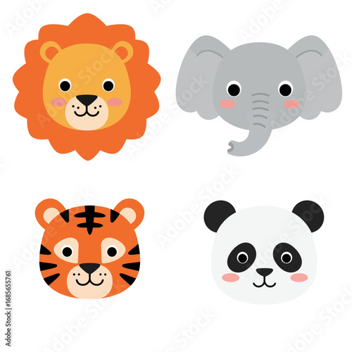 A collection of four cute wild animal faces. A charming set of lion, elephant, tiger, and panda character icons