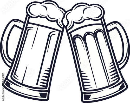 Two beer mugs toasting with frothy beer