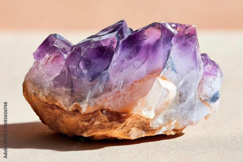 Fototapeta premium Beautiful amethyst crystal showcasing vibrant purple hues and sharp facets on a neutral background