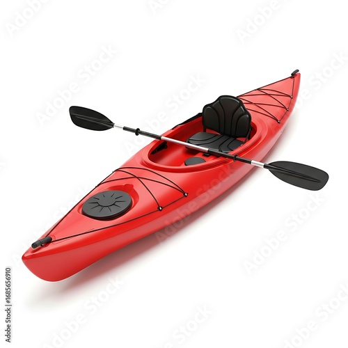 Red kayak with paddle isolated on white background for water adventures