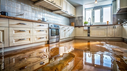 Water damaged kitchen floor with flooded area