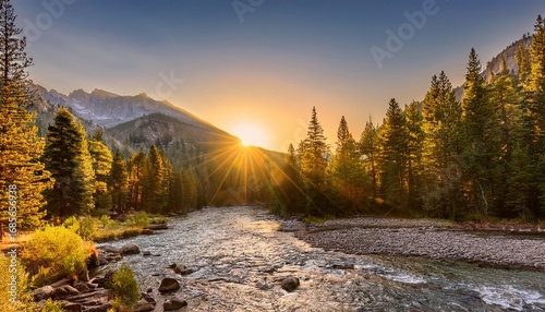 a breathtaking mountain landscape featuring pine trees a serene river and a golden sun rising illustrating the tranquil beauty of nature and picturesque scenery