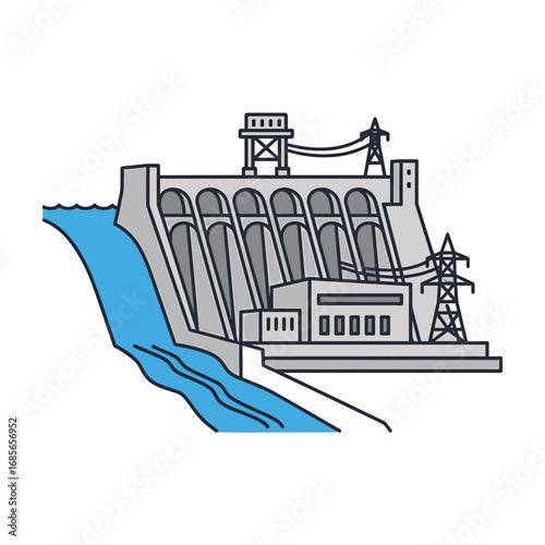 A stylized illustration of a hydroelectric dam, showing water flow and power generation facilities.