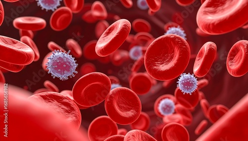 Microscopic view of vibrant red blood cells and white blood cells in a red environment
