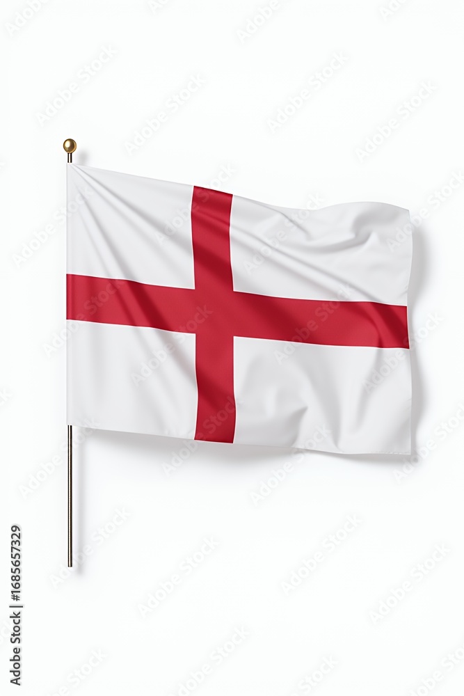 Fototapeta premium Flag of England Waving on a Pole Against White Background