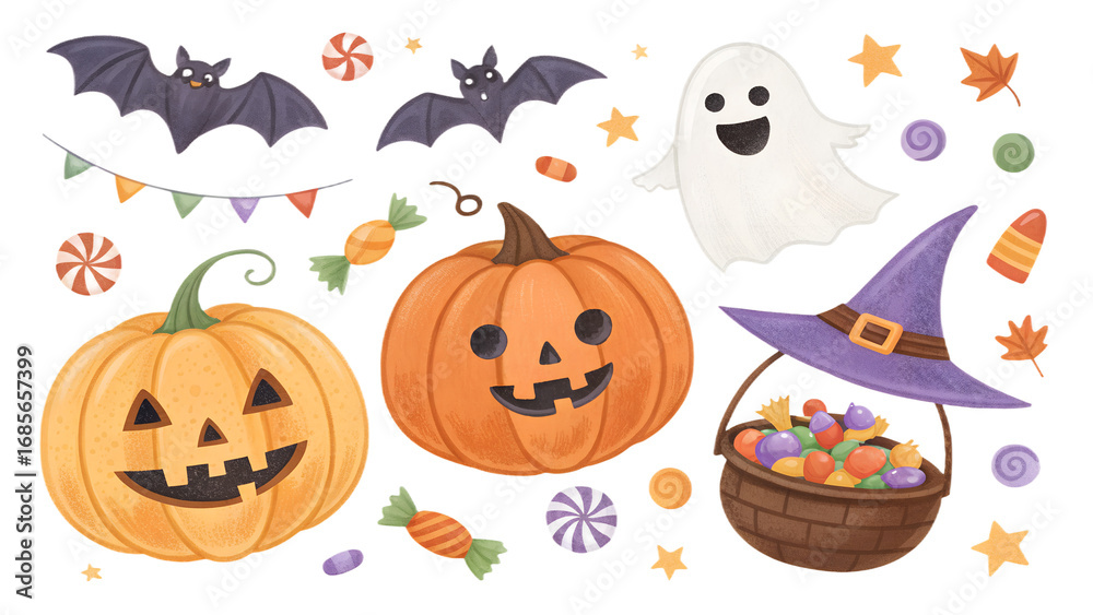 Fototapeta premium Halloween clipart set with carved pumpkins, witches, ghosts, bats and candy on transparent background