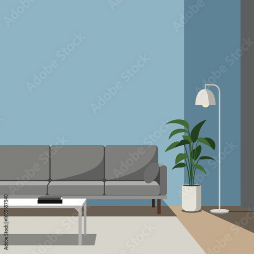 Clean and Modern Minimalist Living Room Interior Illustration featuring a Grey Sofa, Green Plant, and Stylish Floor Lamp for a Contemporary Home Setting